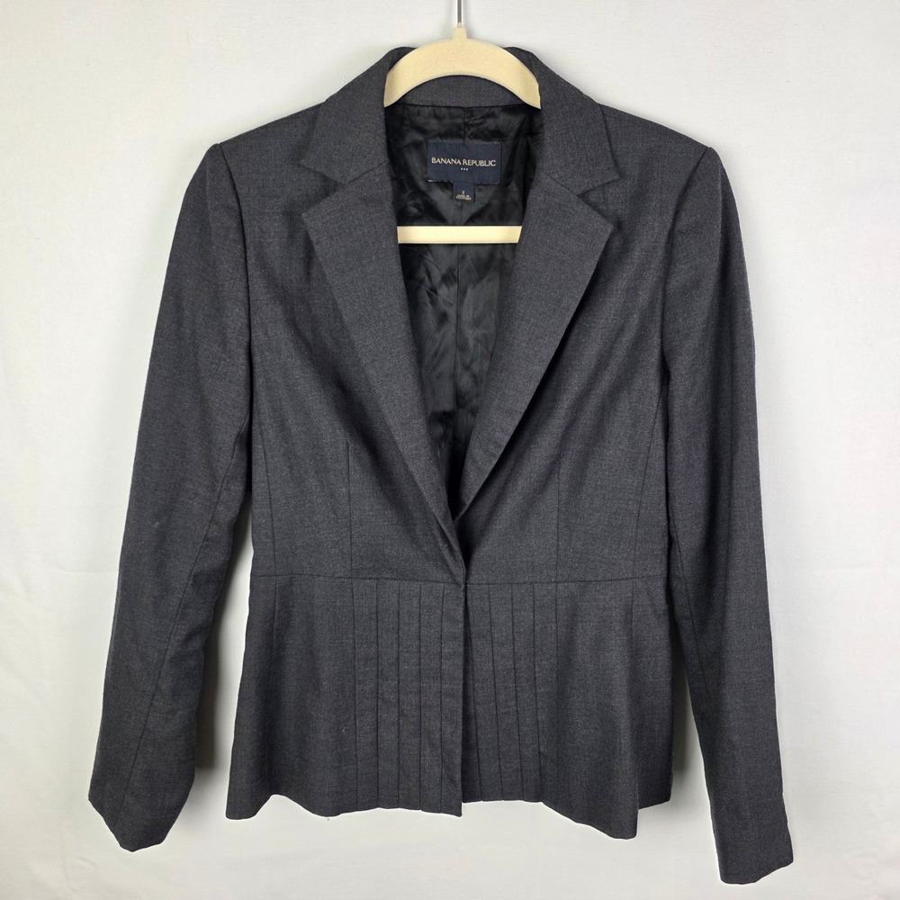 Banana Republic Women Gray‎ Wool Blend Tailored Blazer Jacket Size 2 Academia